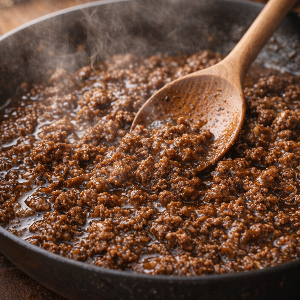 Ground beef simmering in brown gravy in a skillet
