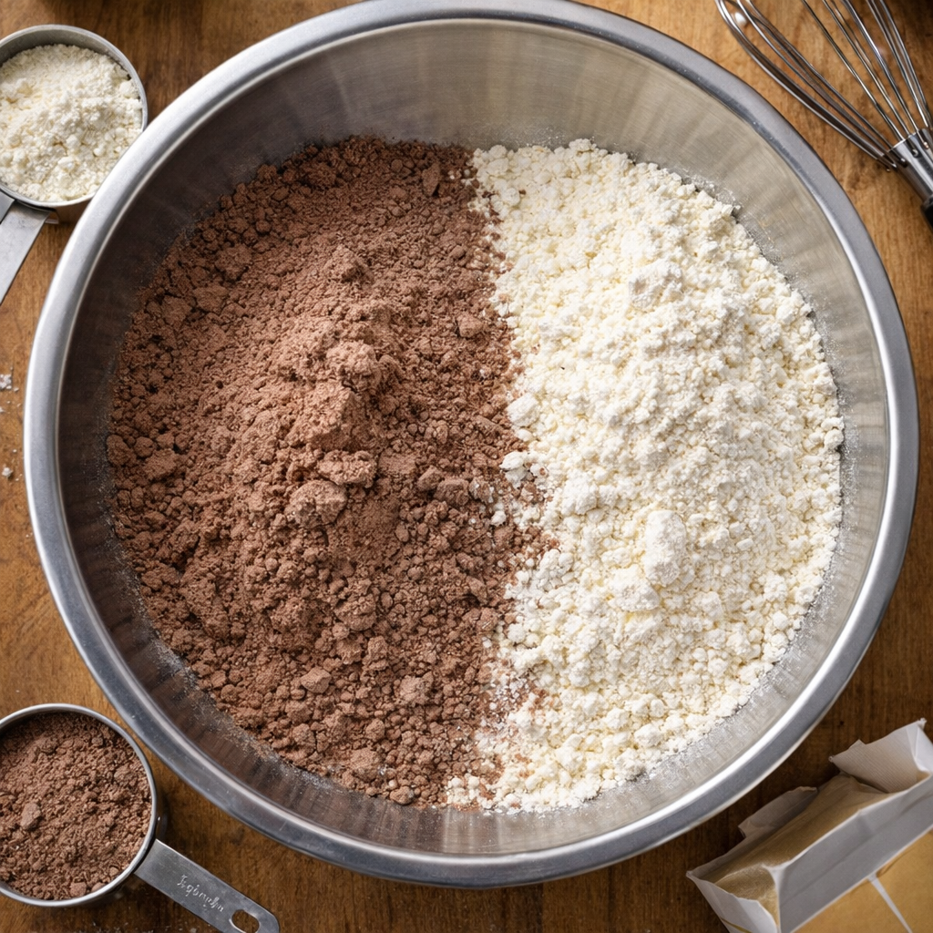 Dry cake mix and pudding mix in a mixing bowl