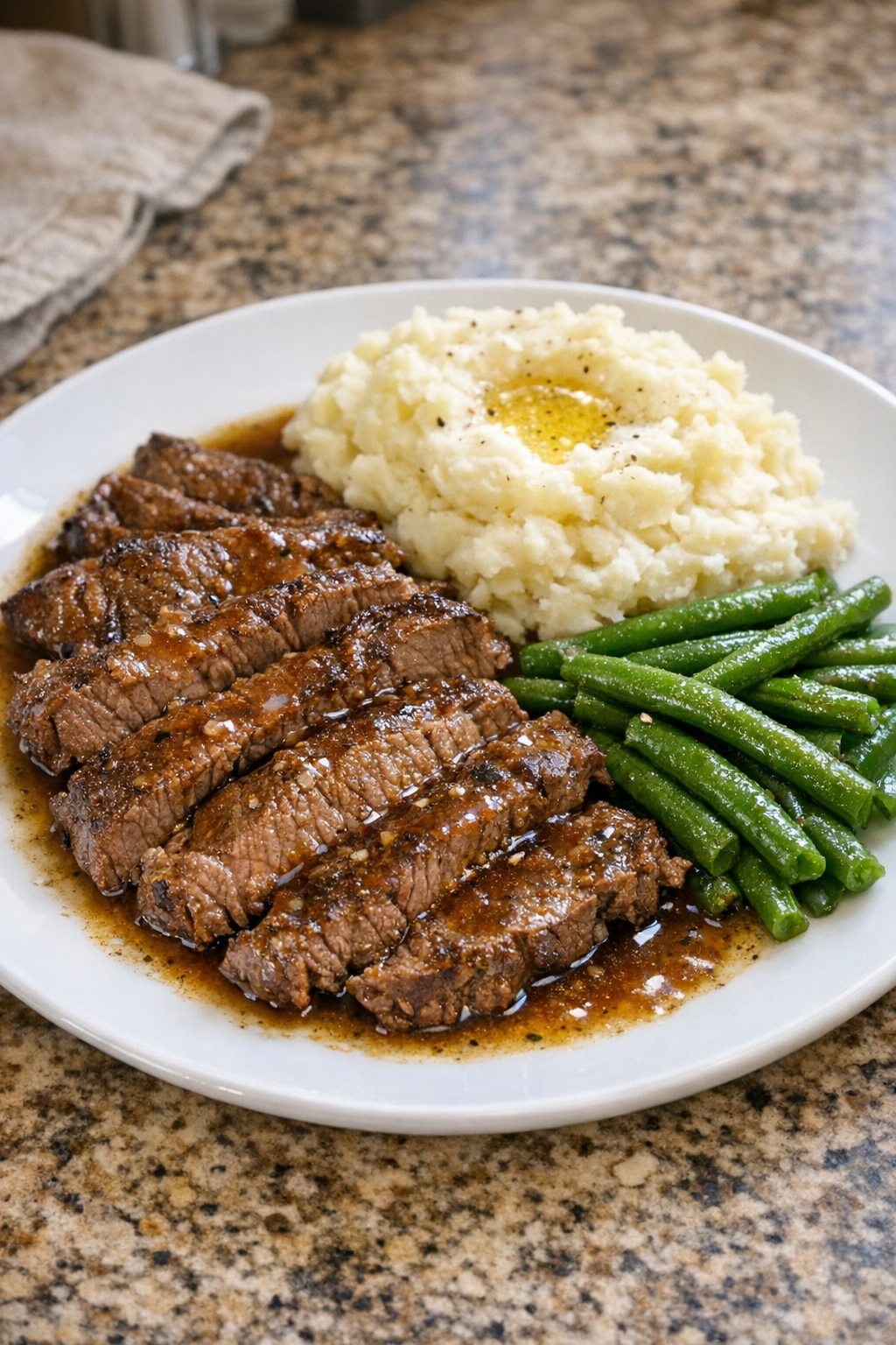 Finished Amish nutmeg beef plated with its cooking juices