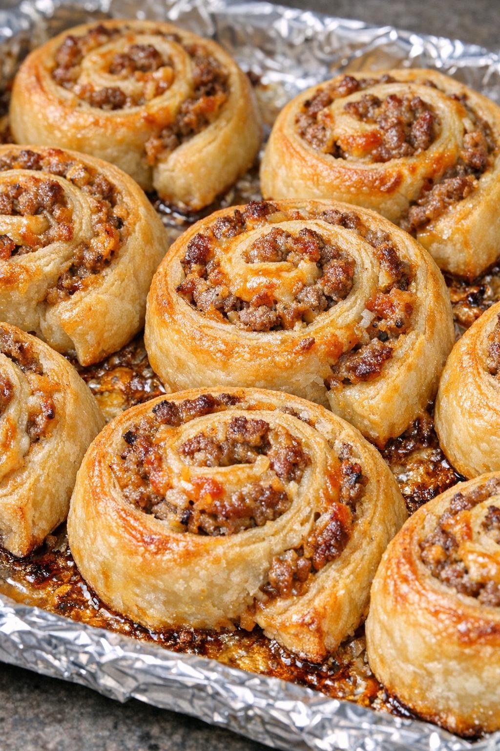 Southern spicy sausage pinwheels baked on a foil-lined tray