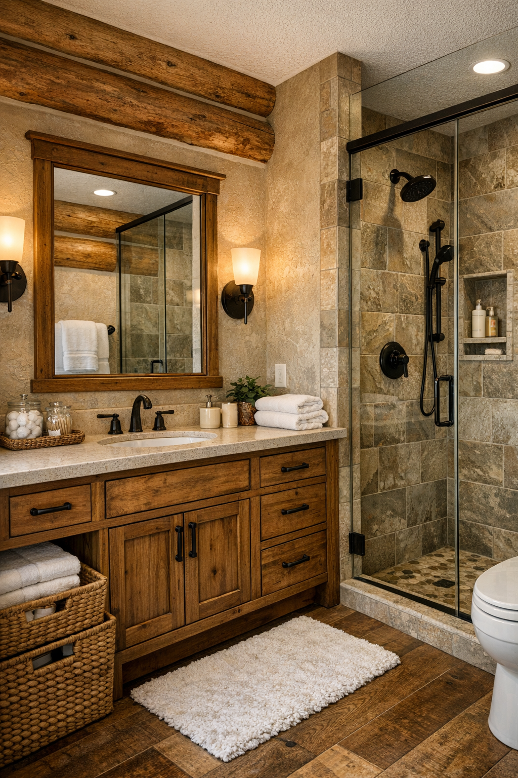 Rustic bathroom with stone surfaces, warm wood vanity, and gentle light