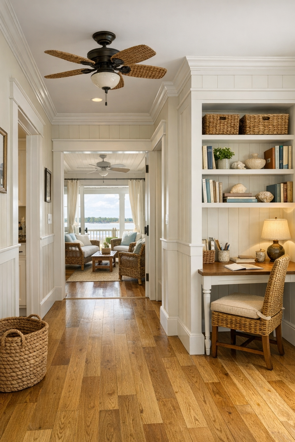 Bright secondary spaces in a southern colonial houseboat with paneled hall, study nook, and covered porch seating