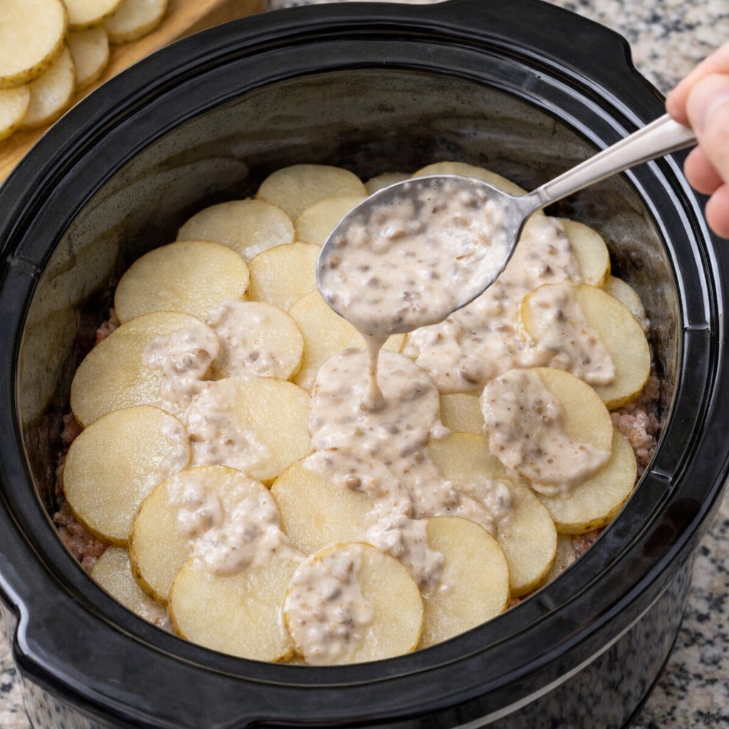 Creamy soup mixture spooned over layered potatoes