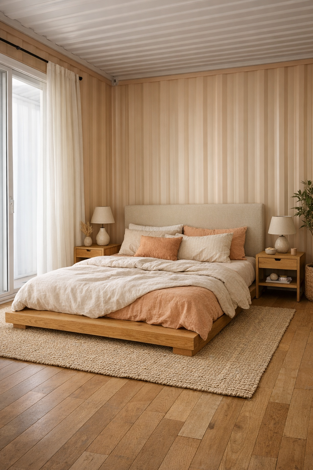 Serene bedroom with oak platform bed and warm peach textiles