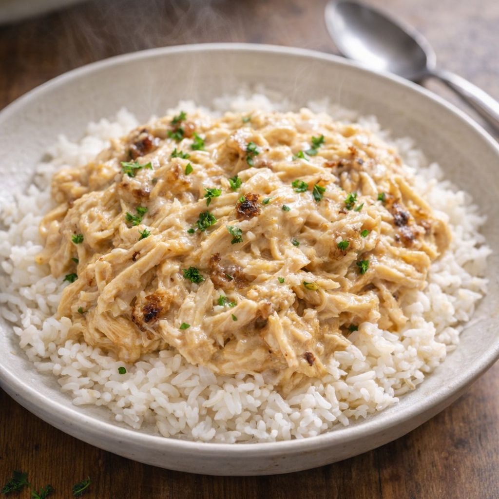 Slow cooker creamy shredded chicken served over rice