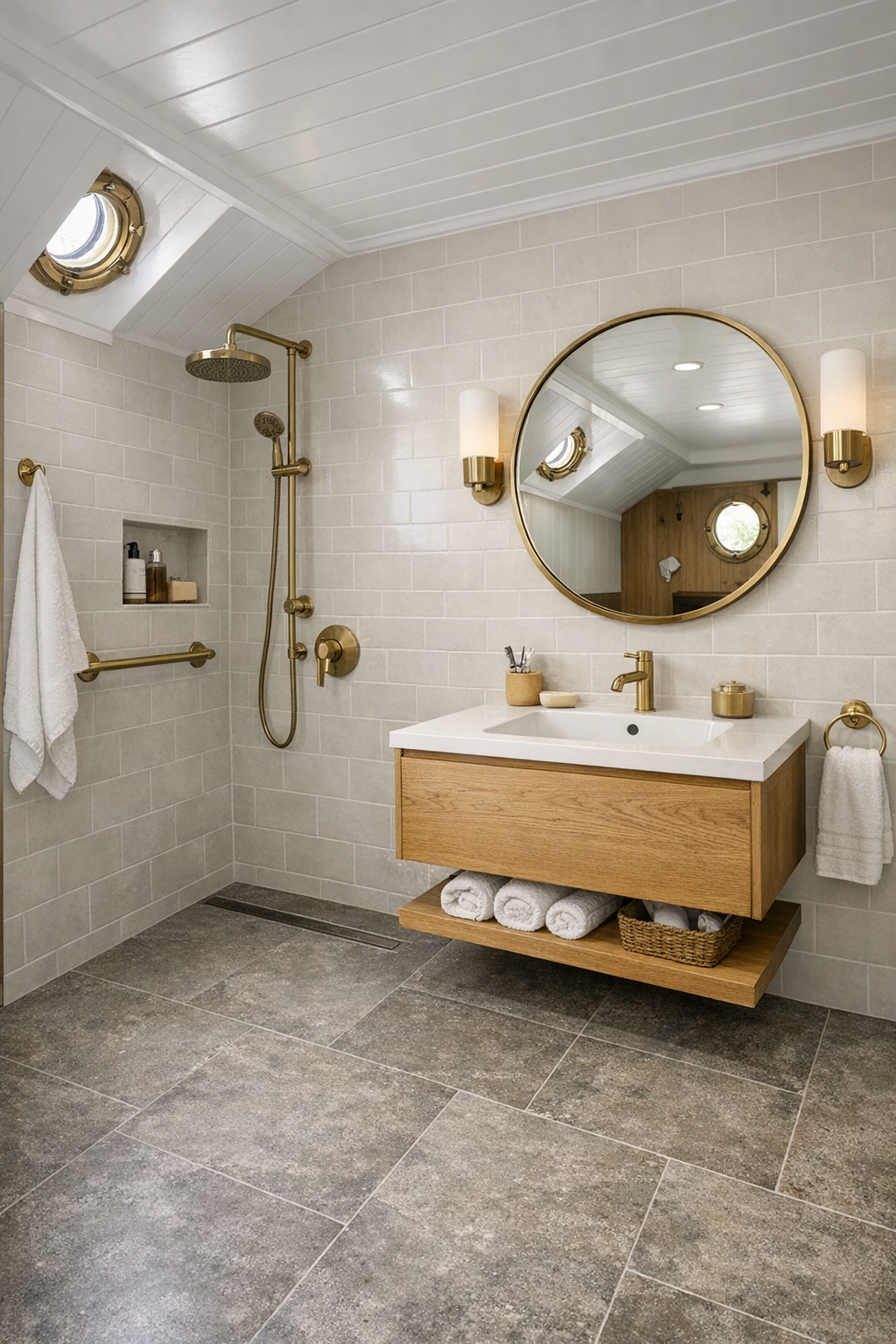 Accessible bathroom on a Dutch barge with curbless shower, pale tile, and warm oak vanity