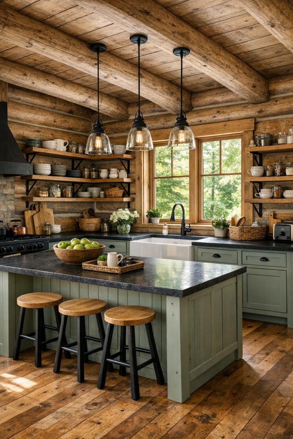 Warm rustic kitchen with sage cabinets, wood shelving, and a large island