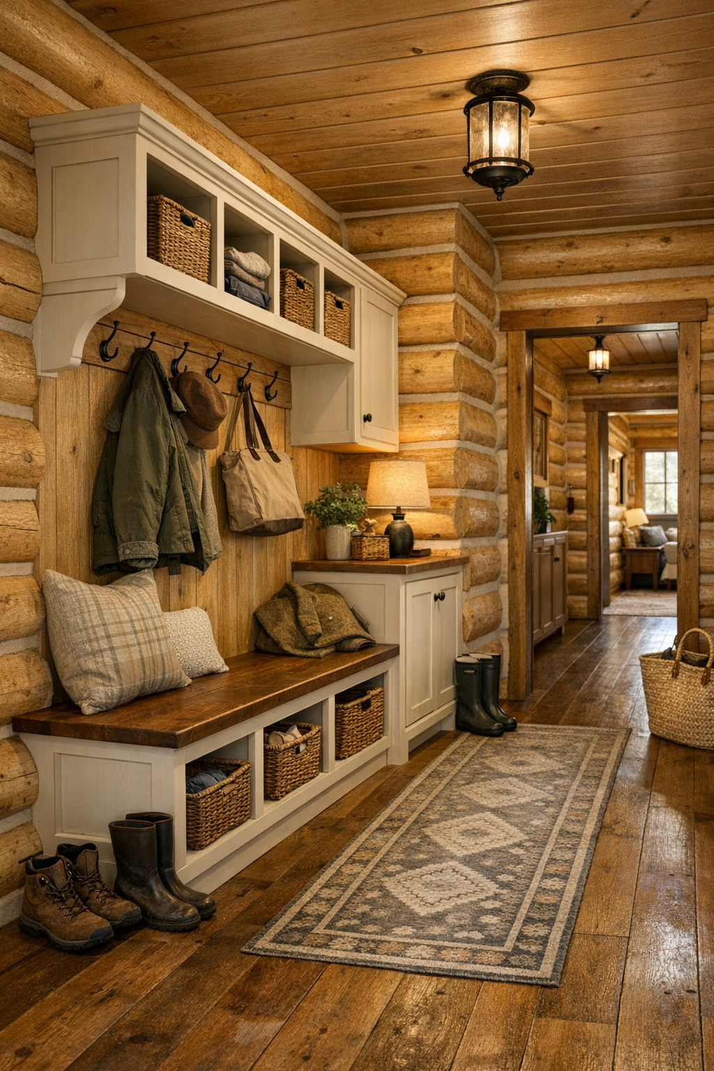 Functional mudroom and hallway in a warm single-level log home