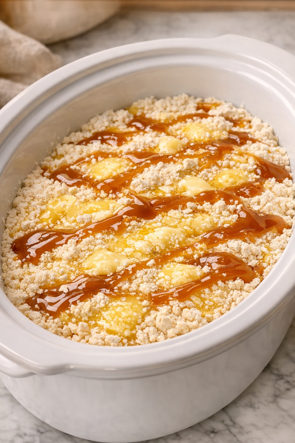 Melted butter and caramel drizzled over cake mix before cooking