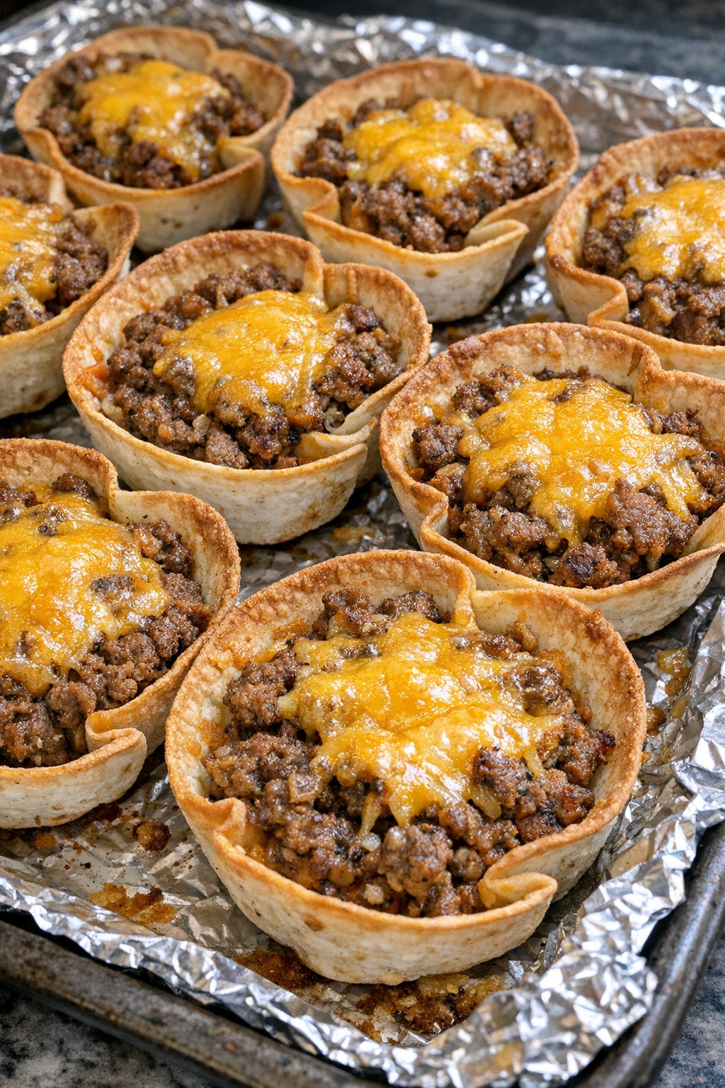 Crispy beef taco cups with melted cheddar