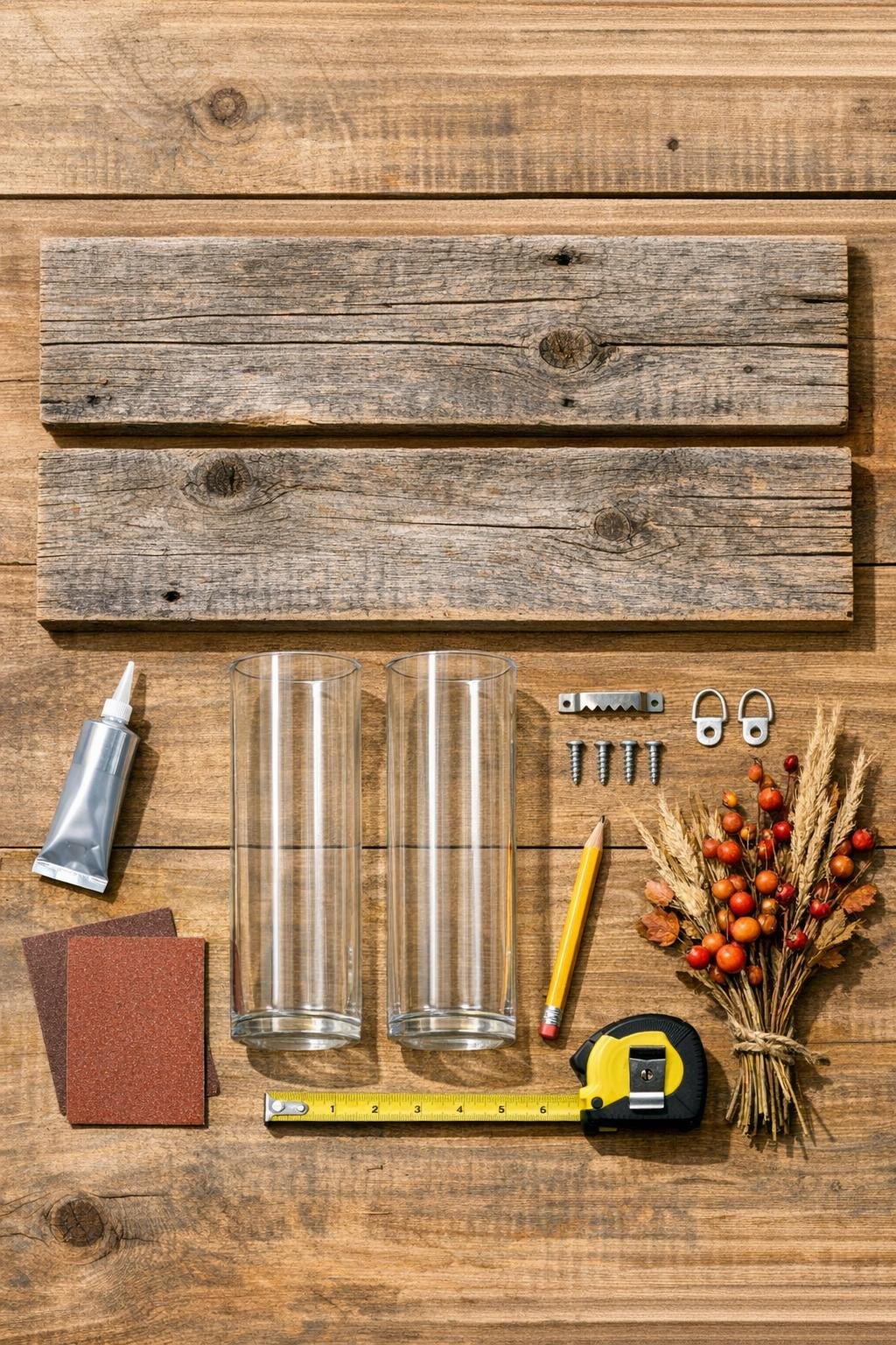 Materials laid out for two rustic wall sconces