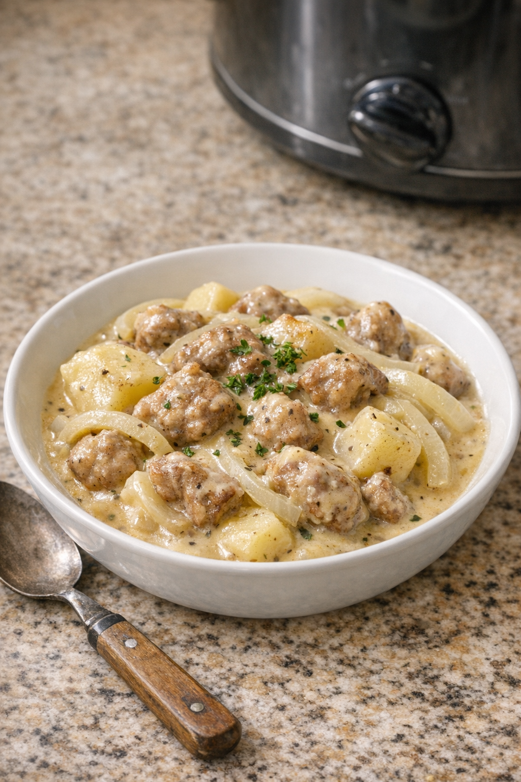 Finished slow cooker patriot bake plated with creamy gravy