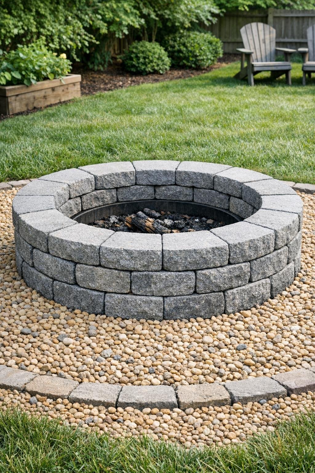 Finished backyard fire ring made from stacked gray curved blocks on a tan pea gravel bed