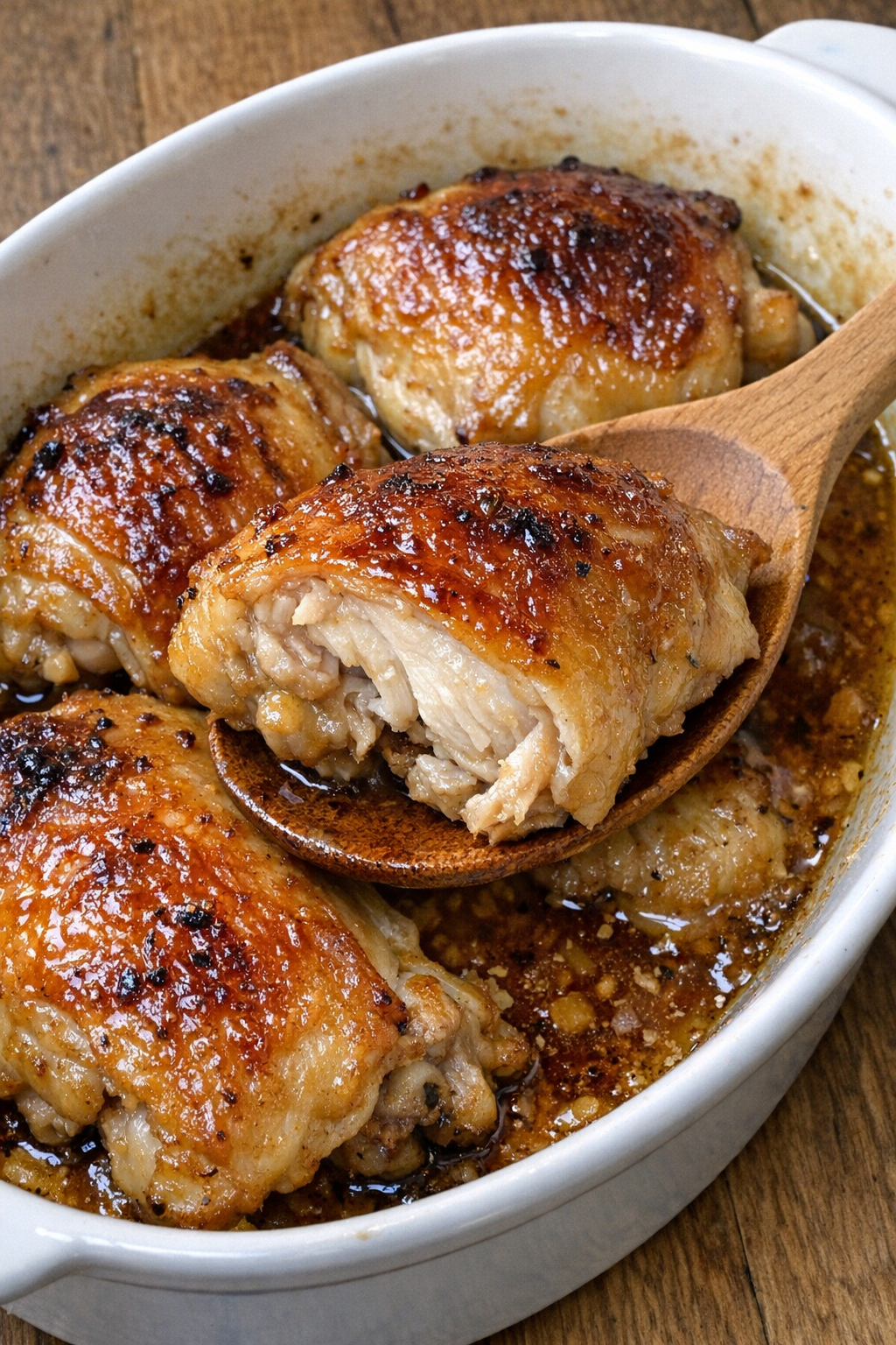 Golden brown chicken in a white casserole dish