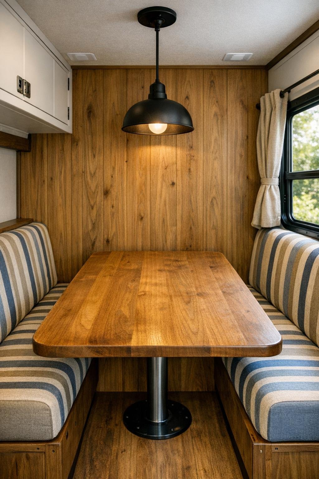 Small camper dining nook with wood table and bench seating by a window