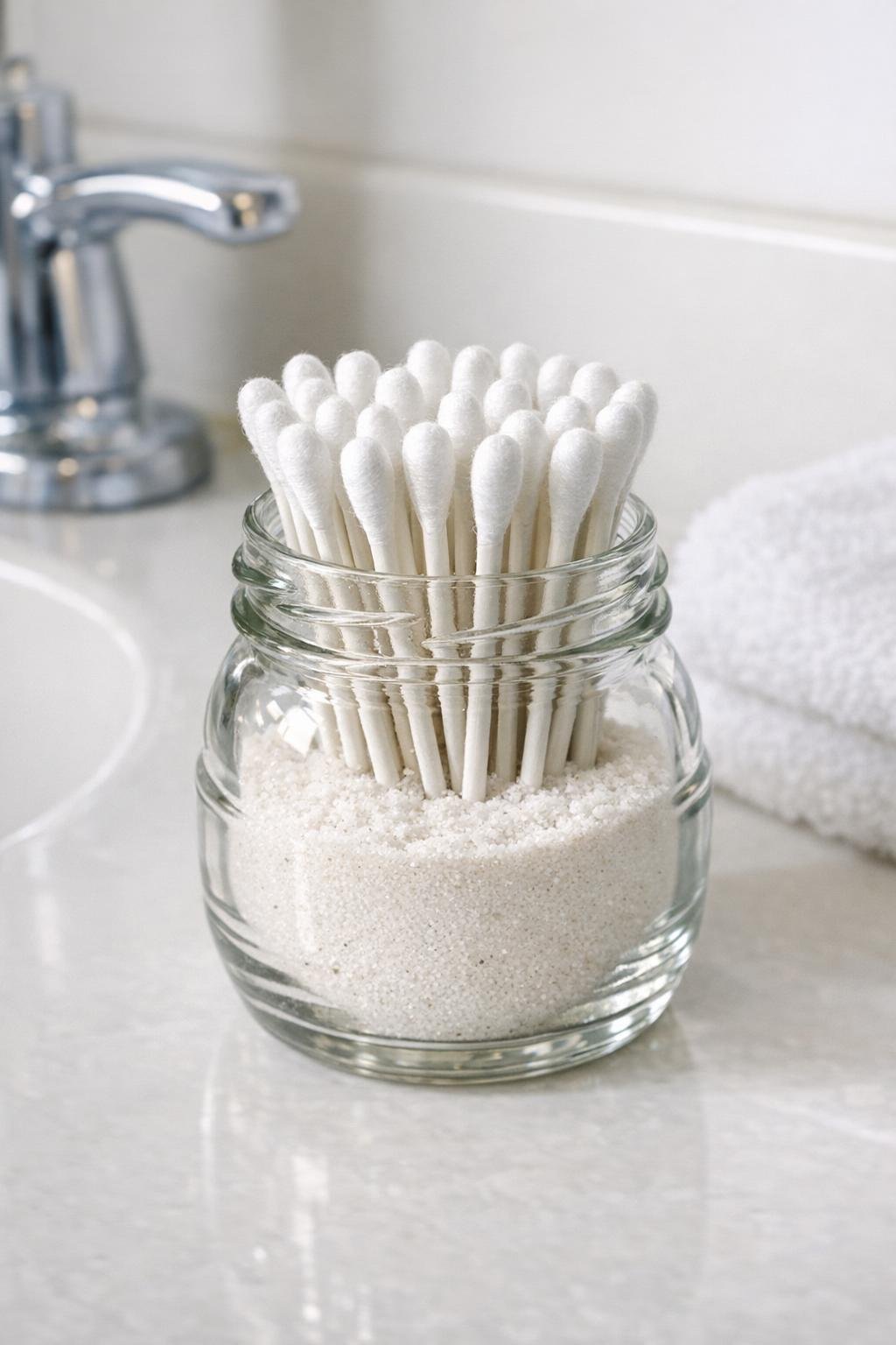 Finished bathroom Q-tip holder made from a glass honey jar filled with white sand