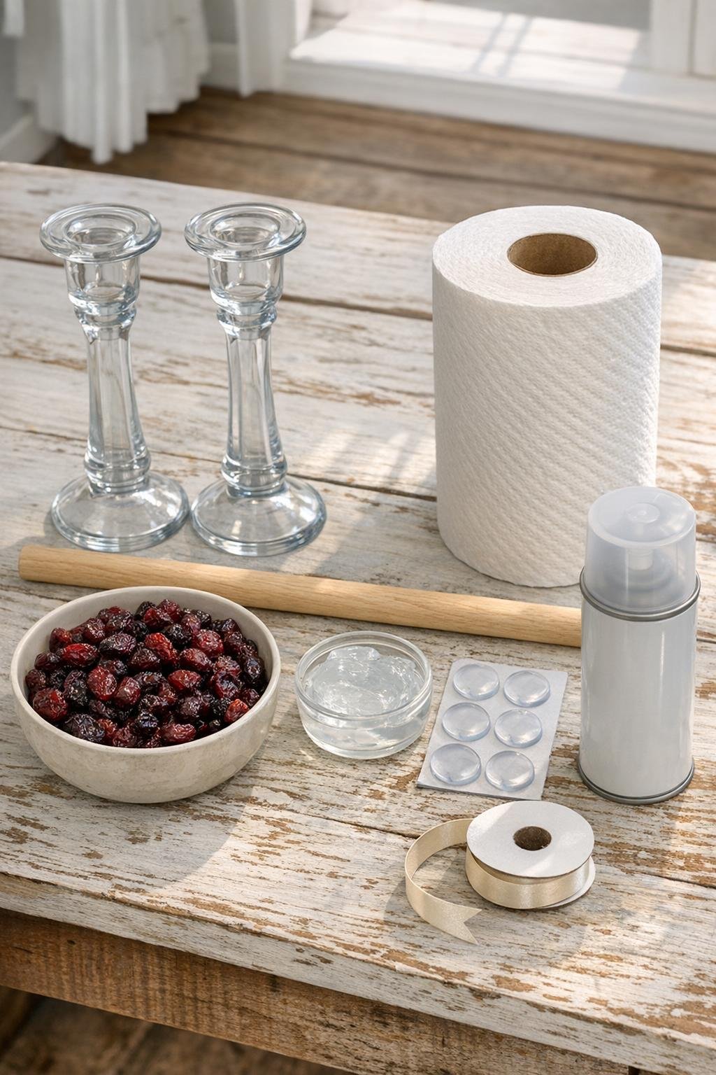 Materials for a glass candle holder and wooden dowel paper towel holder