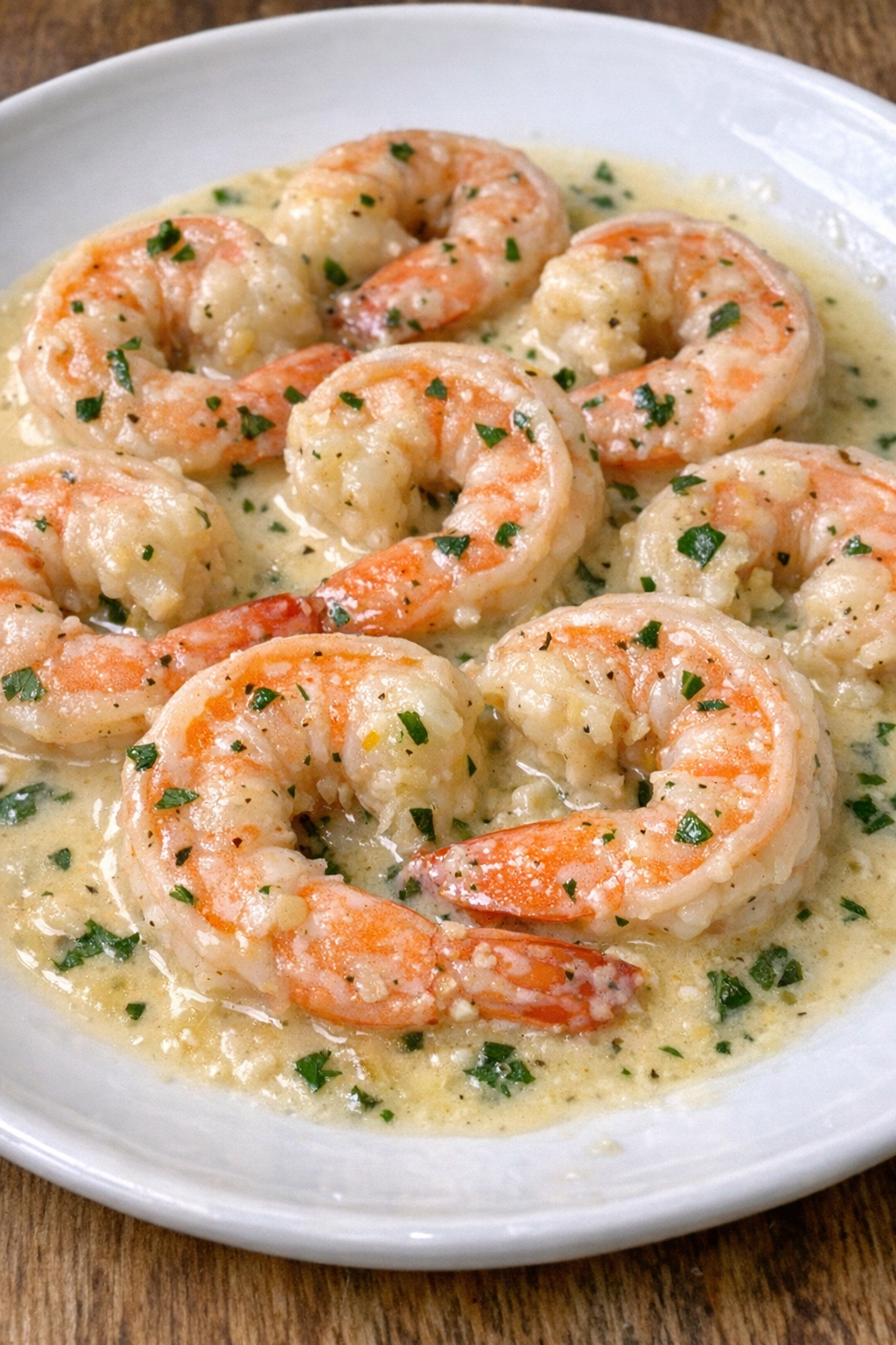 Creamy garlic butter shrimp on a white plate