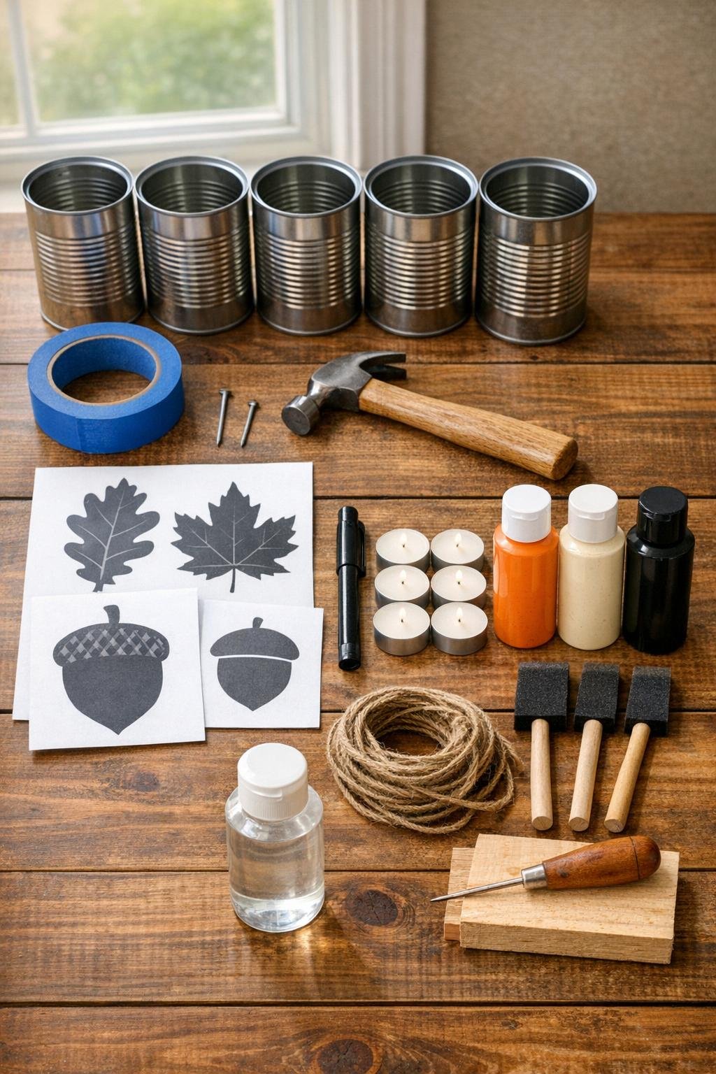 Materials laid out for punched tin can fall luminaries