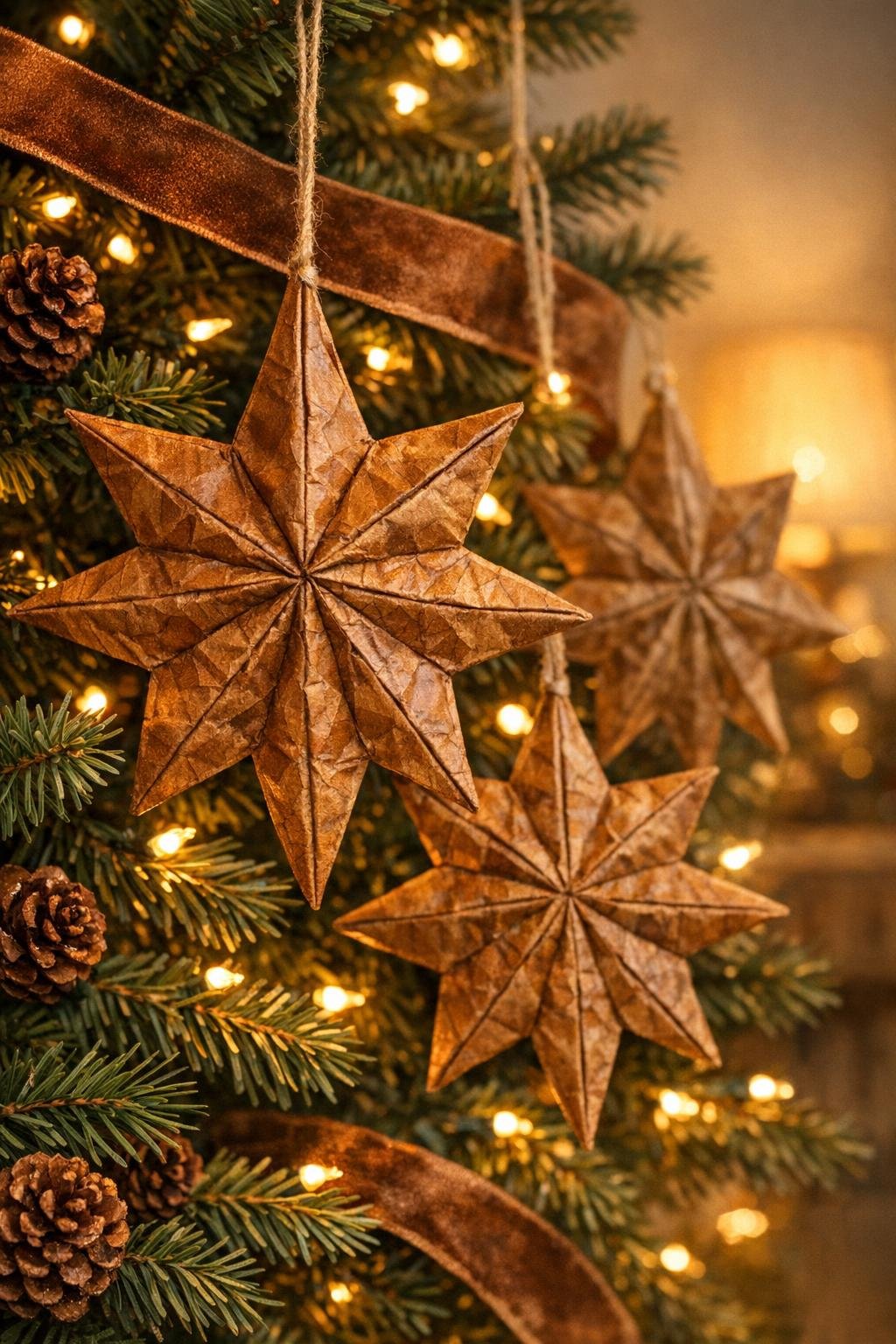 Finished faux leather paper star ornaments hanging on a Christmas tree
