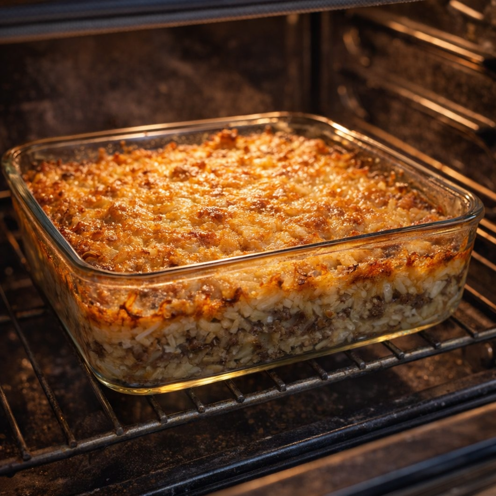 Cheesy casserole baking in the oven with golden top