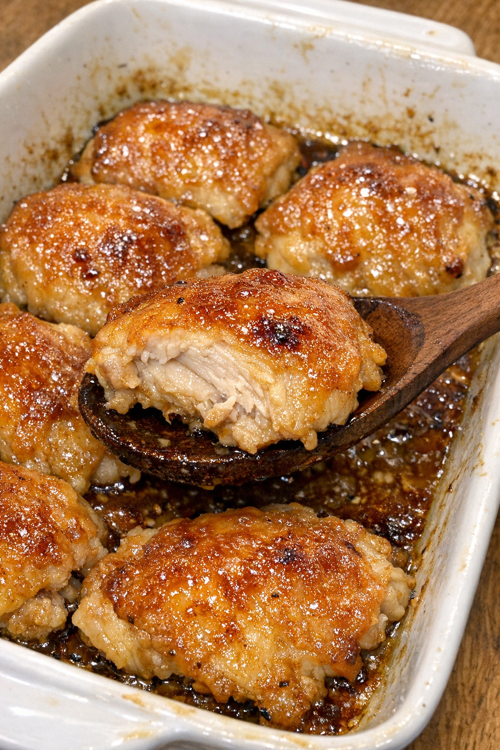 Golden glazed chicken in a white casserole dish
