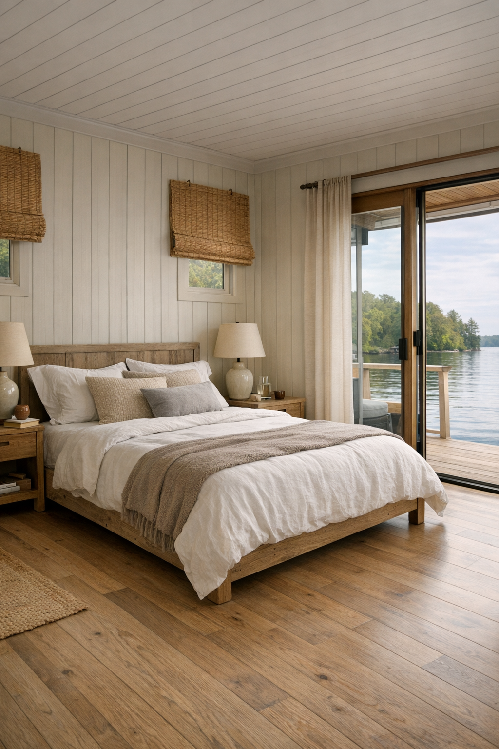 Peaceful lake cottage bedroom with soft linens, paneled wall, and open accessible layout