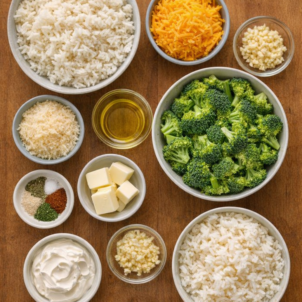 Measured casserole ingredients arranged on a kitchen counter