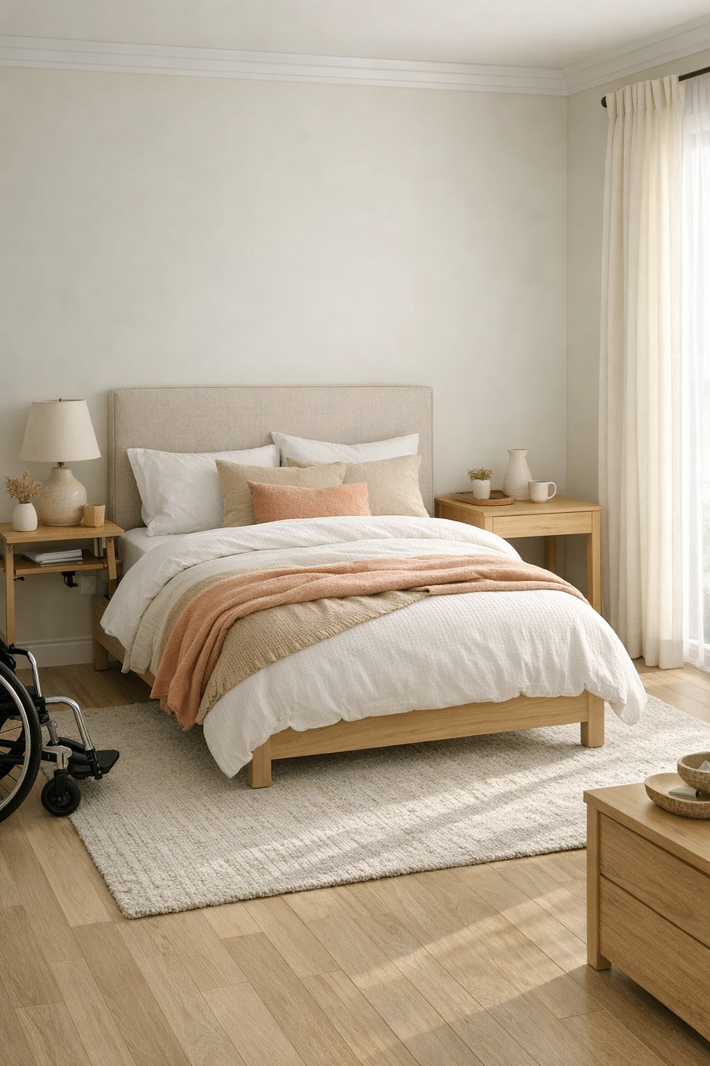 Serene bedroom with linen headboard, ivory walls, and layered peach-toned bedding