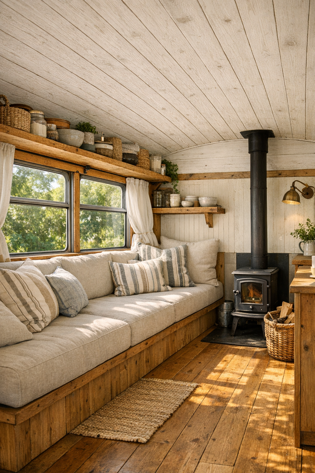 Rustic converted bus living room with built-in bench seating and warm wood finishes