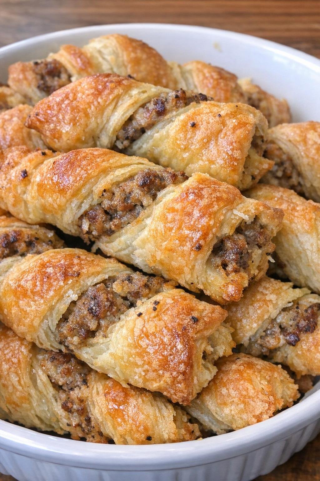 Golden flaky pastry twists stuffed with savory filling in a serving dish