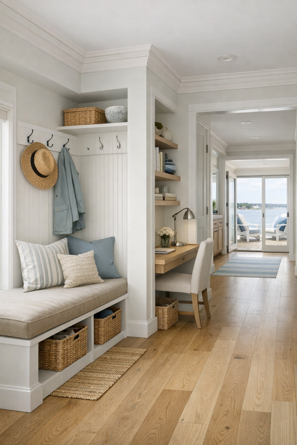 Thoughtful secondary spaces with a built-in entry bench, office nook, and coastal deck details
