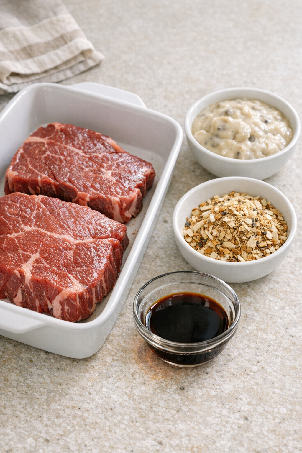 Top sirloin steak with soup, onion mix, and Worcestershire sauce