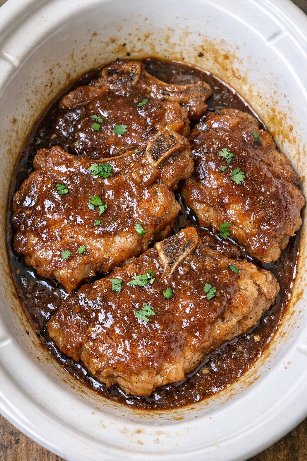 Slow cooker apple butter pork chops in a white slow cooker