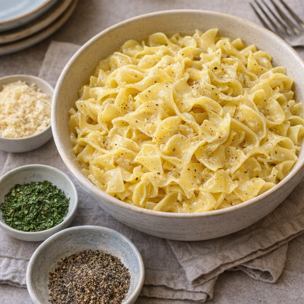 Butter noodles set out with simple topping options for families
