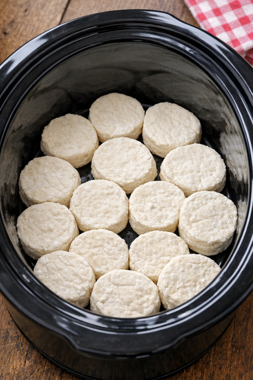 Frozen biscuits arranged in the bottom of a slow cooker