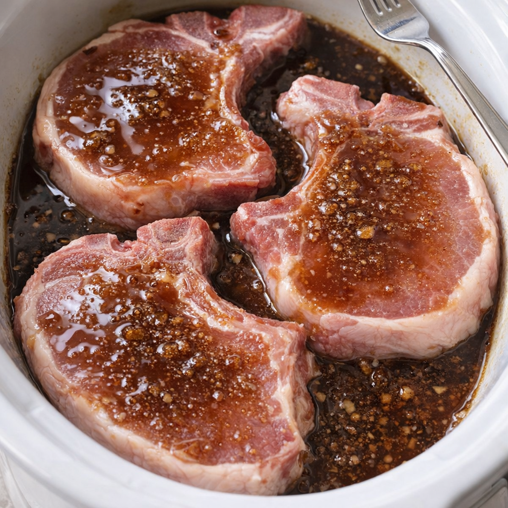 Pork chops arranged in a slow cooker before cooking