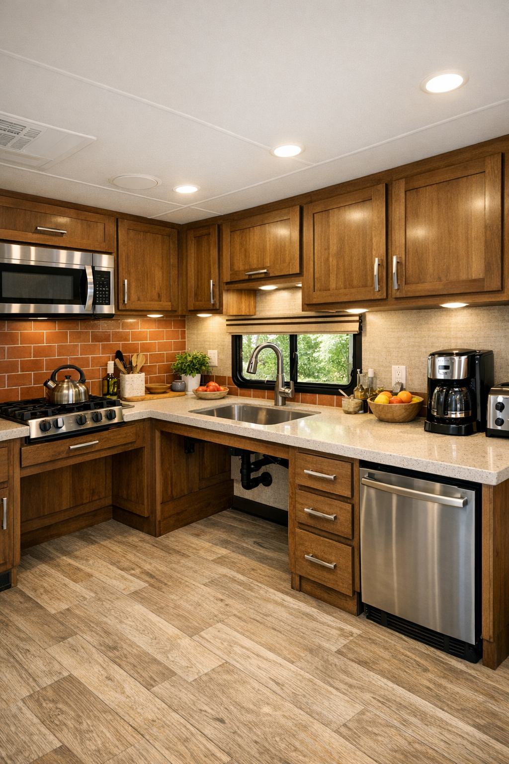 Accessible RV camper kitchen with warm wood cabinetry and terracotta accents