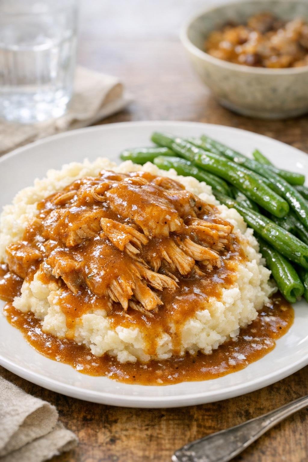 Plated slow cooker chicken with gravy and mashed potatoes