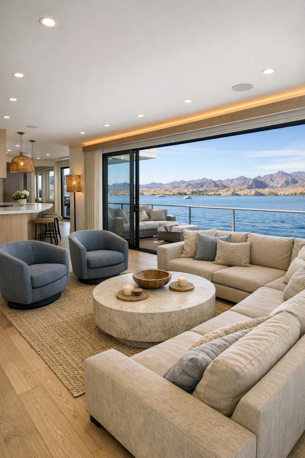 Bright barrier-free houseboat living room with lake views and soft neutral furnishings