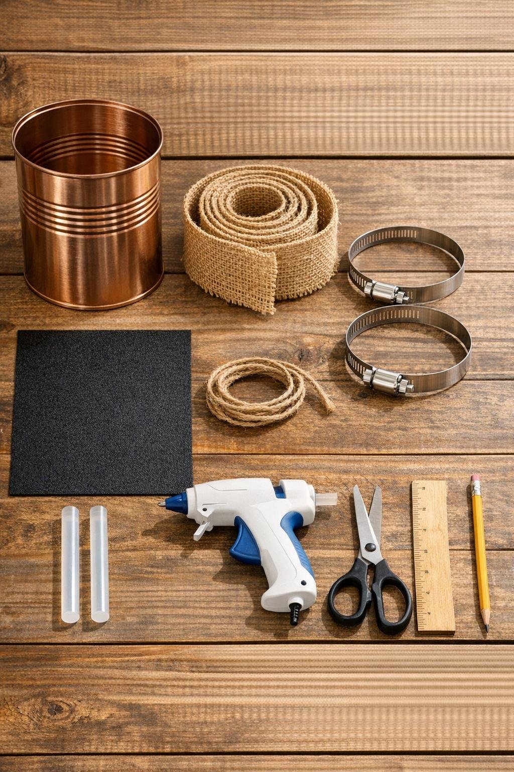 Materials for making a burlap-wrapped tin can bedside book nook
