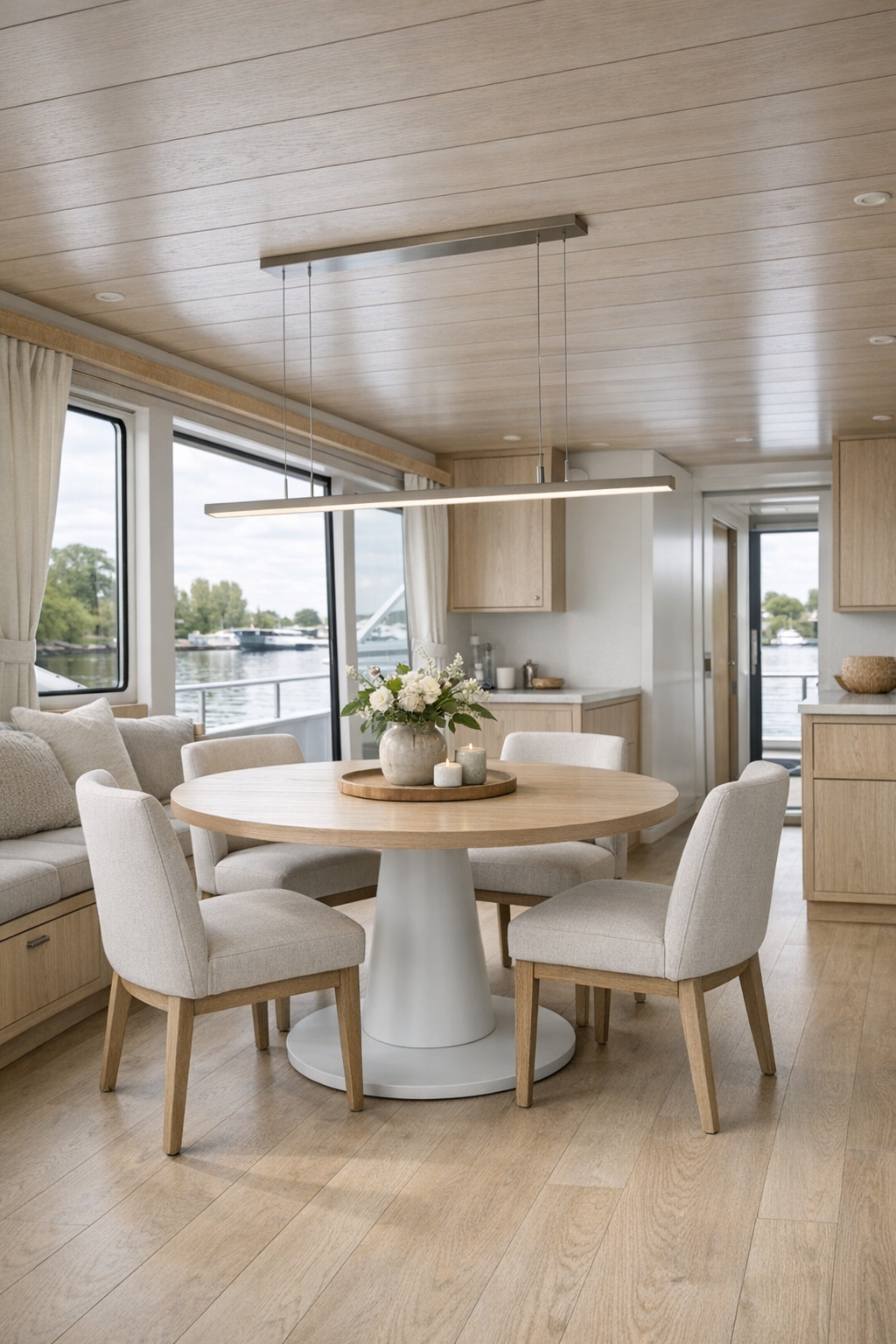 Open dining area with accessible table layout inside the houseboat