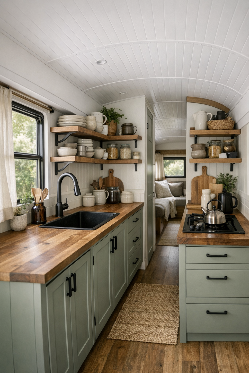 Compact galley kitchen inside a converted bus with custom cabinetry and wood counters