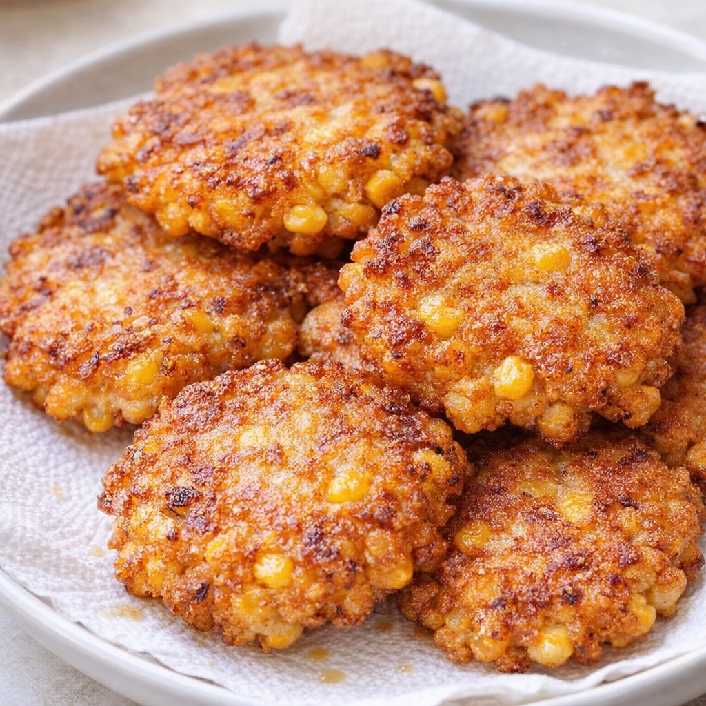 Freshly fried corn fritters draining on paper towels