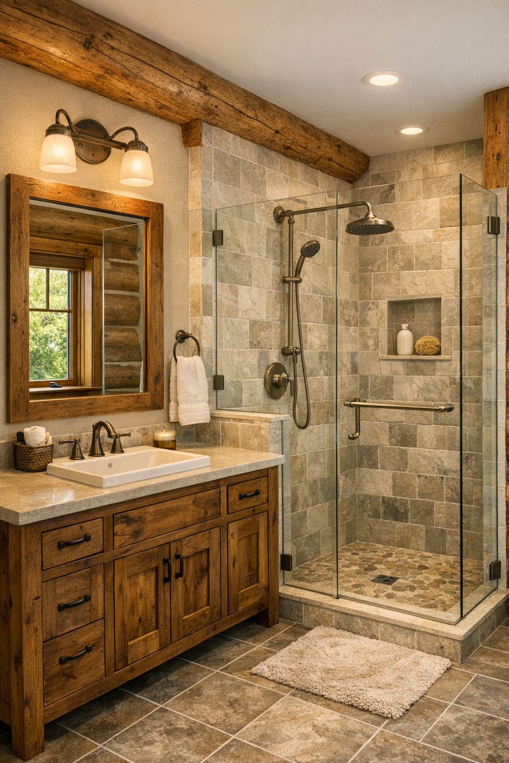 Rustic bathroom with wood vanity, soft stone tile, glass shower, and warm natural finishes