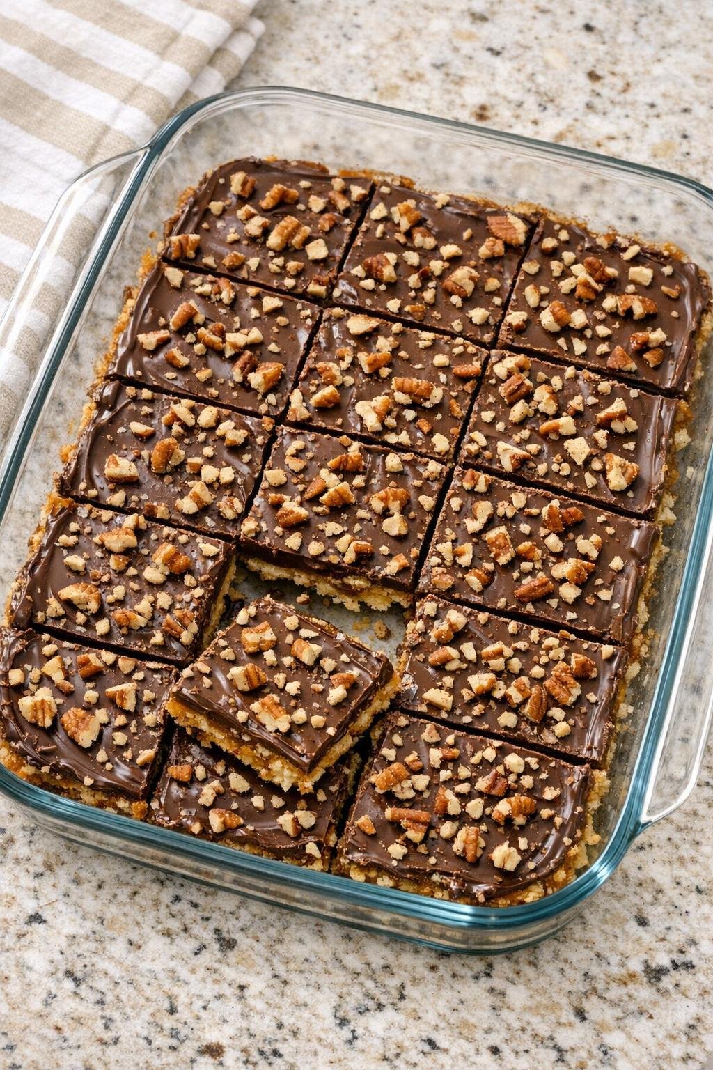 Toffee crunch bars topped with chopped pecans