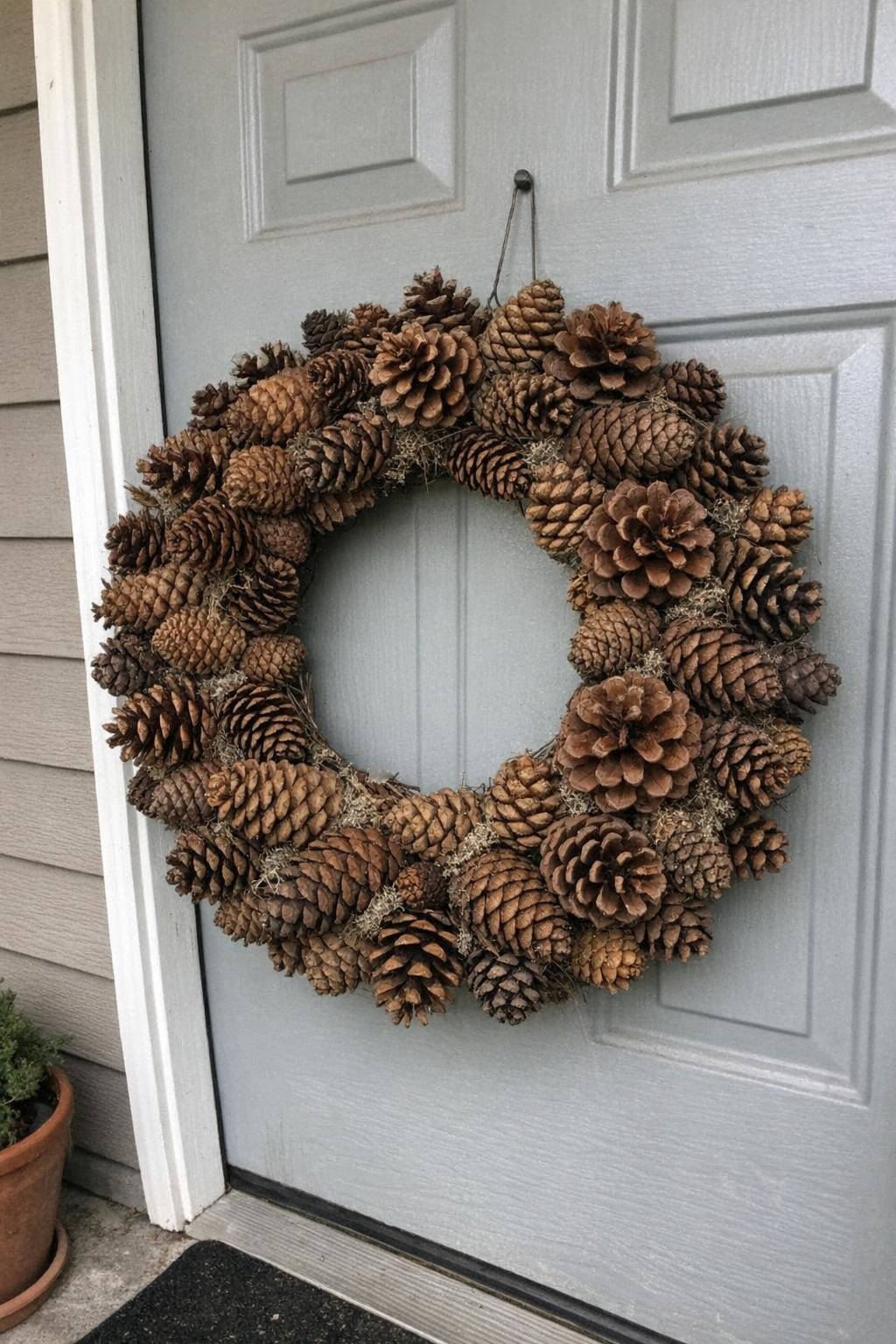 Handmade pine cone wreath on a front door