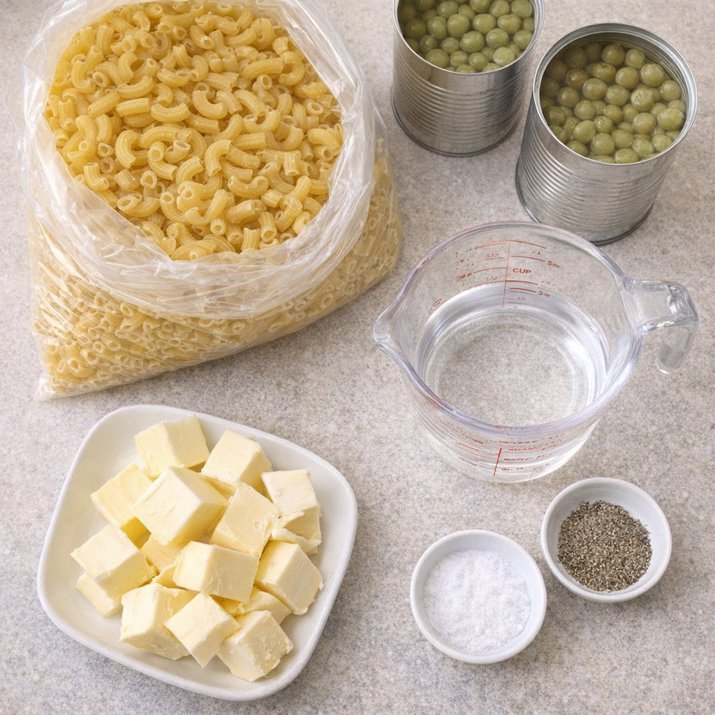 Dry macaroni and canned peas gathered for the recipe