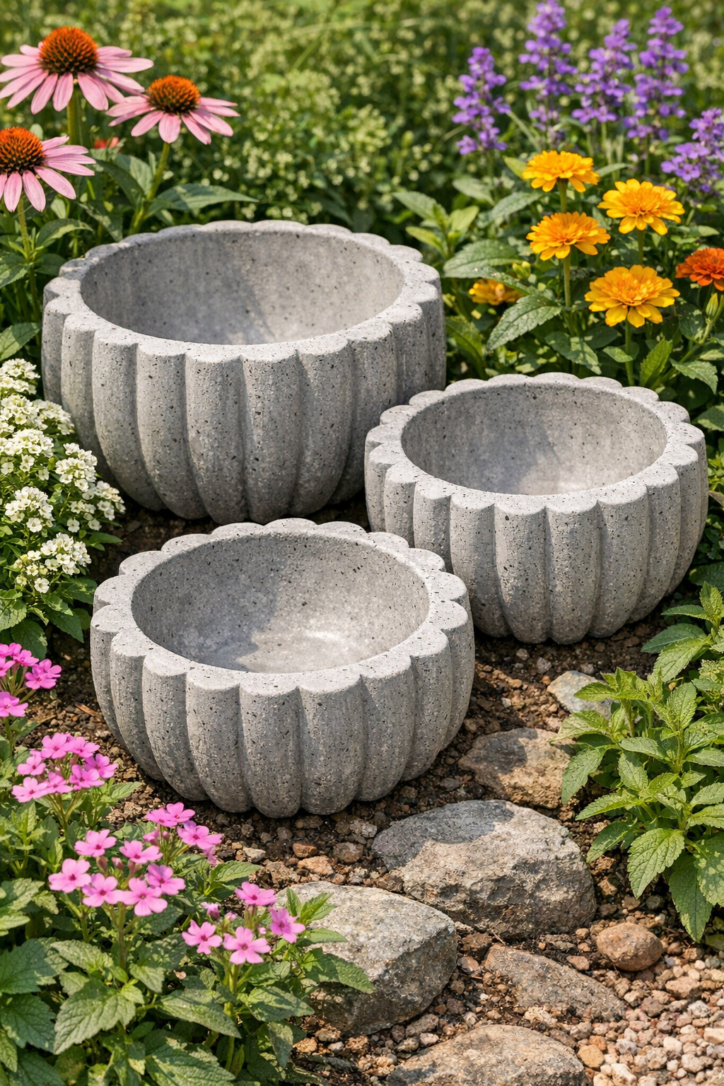 Finished fluted cement garden bowls displayed in a garden setting