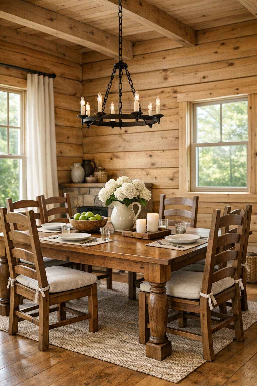 Craftsman dining room with a solid wood table, ladder-back chairs, and warm cedar walls